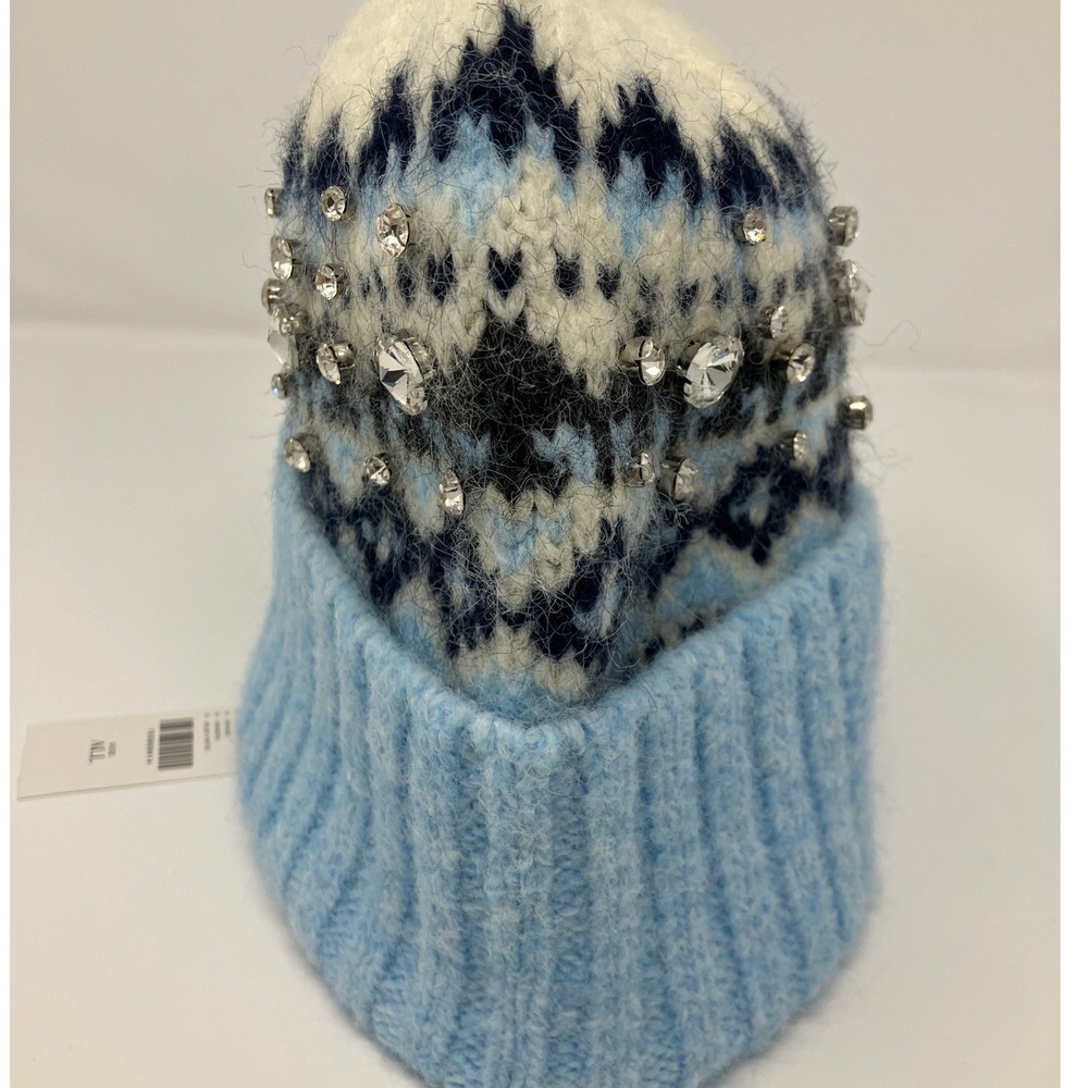 Anthropologie Light Blue, White & Black Bejeweled Knit Beanie